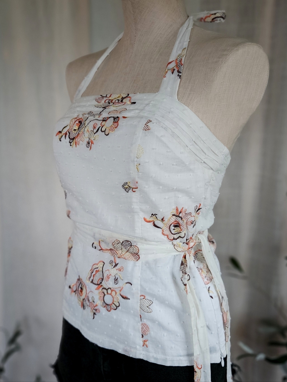 White Orange Floral Embroidery Tie Back Halter Top